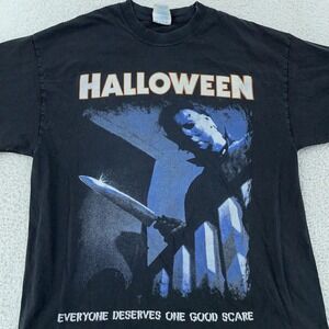 Vtg Halloween Shirt Mens Large Black Michael Myers Horror Movie Tee Big Print‎